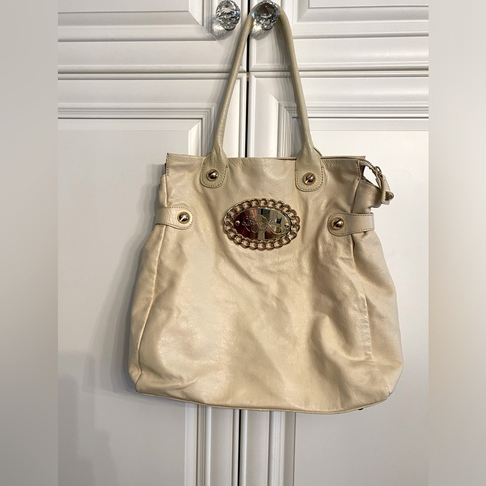 Betsey Johnson Large Cream Coloured Leather Shoulder Bag Roomy Purse Handbag